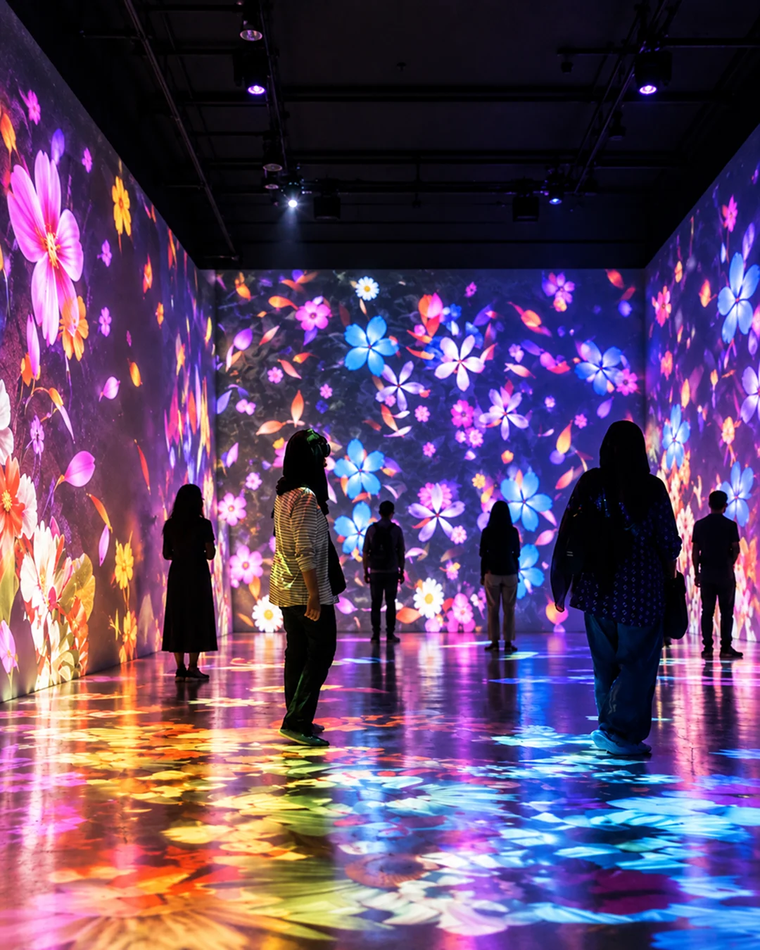 Visitors exploring a large floral projection in Pixel Play