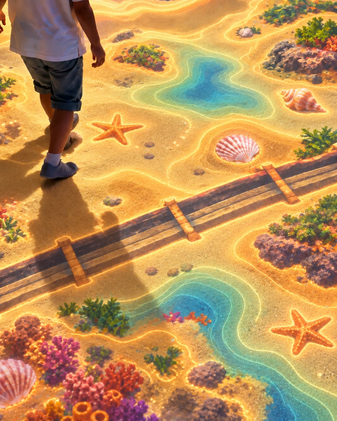 Child exploring an illuminated interactive landscape in Sand Box