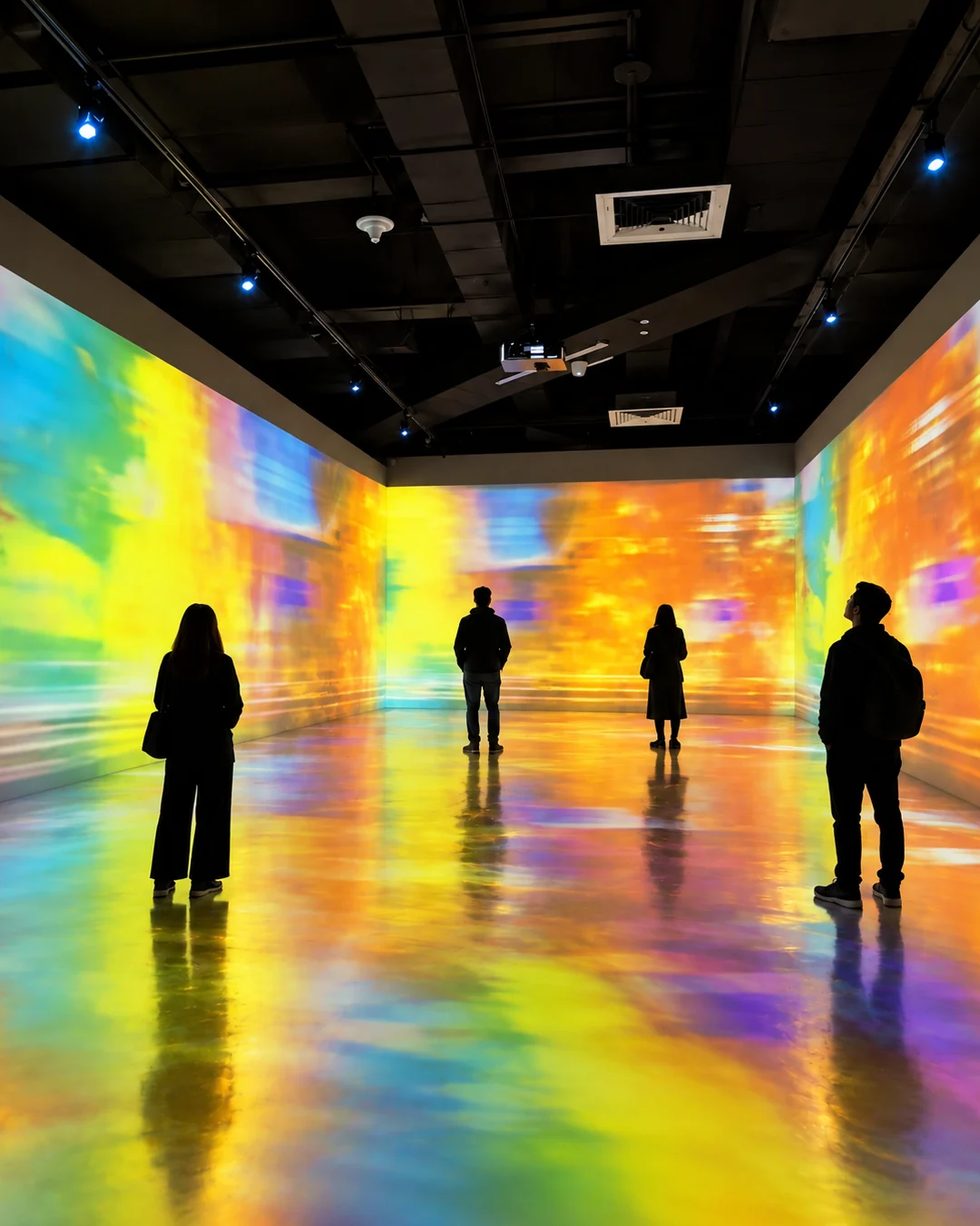 Visitors surrounded by colourful projection inside The Glitch